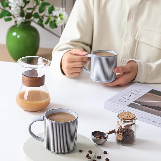 Coffee Mugs Set of 4, 12 OZ Ceramic Coffee Mugs with Handle, Vertical Stripes Coffee Cups Set for Latte/Tea/Cocoa/Milk, Microwave and Diahwasher Safe (Smoky Blue)