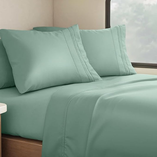 Clara Clark Bed Sheets, Premier 1800 Series 4 Piece RV Queen Sheet Set, Luxury Soft Sheets for RV Bunks, Short Queen - Ice Green
