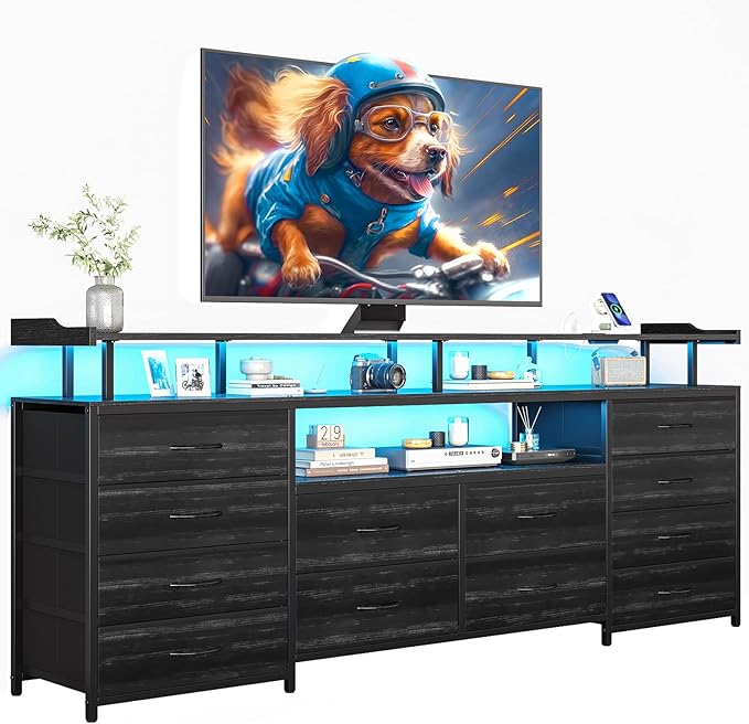 12 Drawers TV Stand Dresser for 65/70 inch TV, Entertainment Center with LED Lights & Power Outlets, 63" Large LED TV Stand, TV Console for Bedroom
