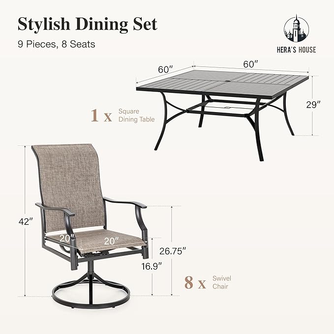 HERA'S HOUSE Outdoor Patio Dining Set of 9, 9 Piece Outdoor Table and Chairs Set of 1 Large Square Patio Table and 8 Quick Dry Textilene Swivel High Back Rocking Chairs for Lawn, Park, and Garden