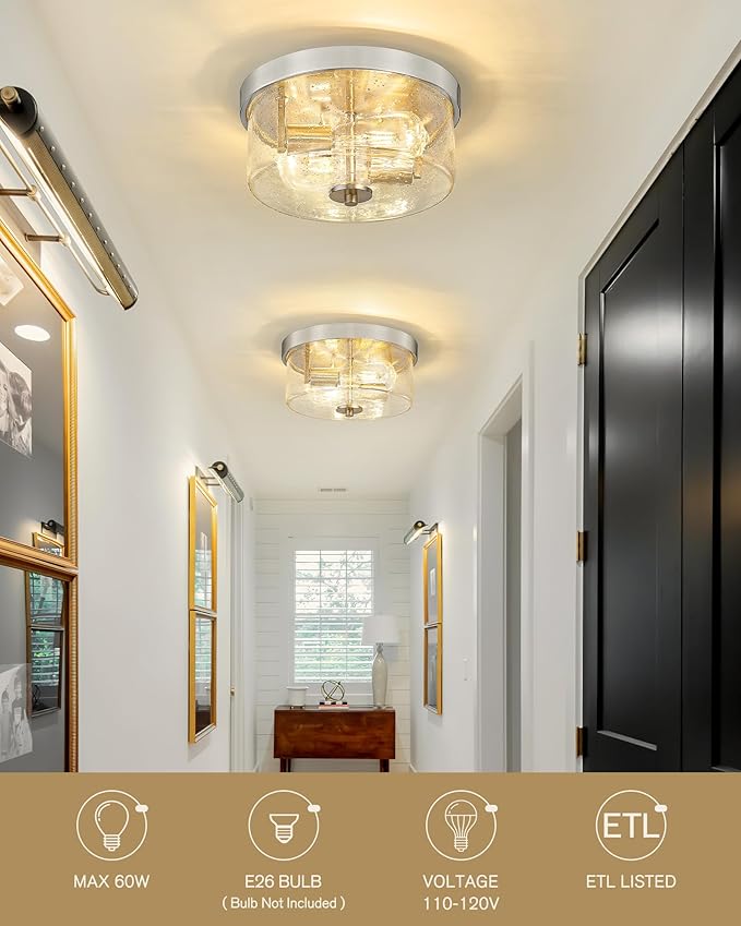 Emak 2-Light Brushed Nickel Ceiling Light Fixture, 11 Inch Flush Mount Light Fixture with Seeded Glass Shade for Bedroom, Living Room, Kitchen, Hallway, Bathroom, FM082-BN