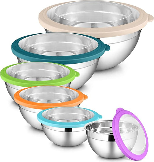 LIANYU Mixing Bowls with Visible Lid Sets of 6, Stainless Steel Metal Salad Nesting Bowls, Large & Small 7, 3.5, 2.5, 2, 1.5, 1QT Size For Kitchen, Baking, Storage, Food Prepping, Serving, Multi-Color