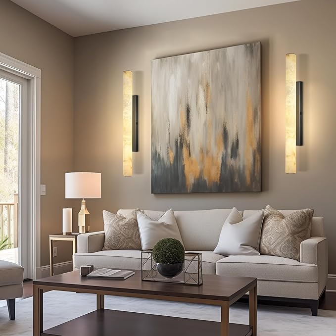 Alabaster Wall Sconces, 36" Large Bronze Wall Sconce, Modern Sconces Wall Lighting, Spanish Natural Marble Wall Sconce Light for Living Room, Bedroom, Hallway, Stairs