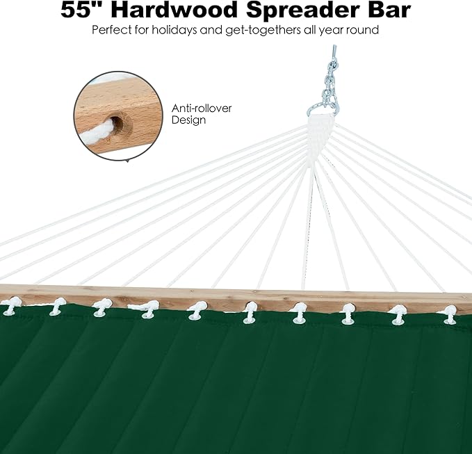 2 Person Hammocks for Outside, Double Quilted Fabric Outdoor Hammock with Spreader Bar, Large Removable Pillow, Storage Pockets, Carabiners, Max 475 lbs Capacity (Night Green)