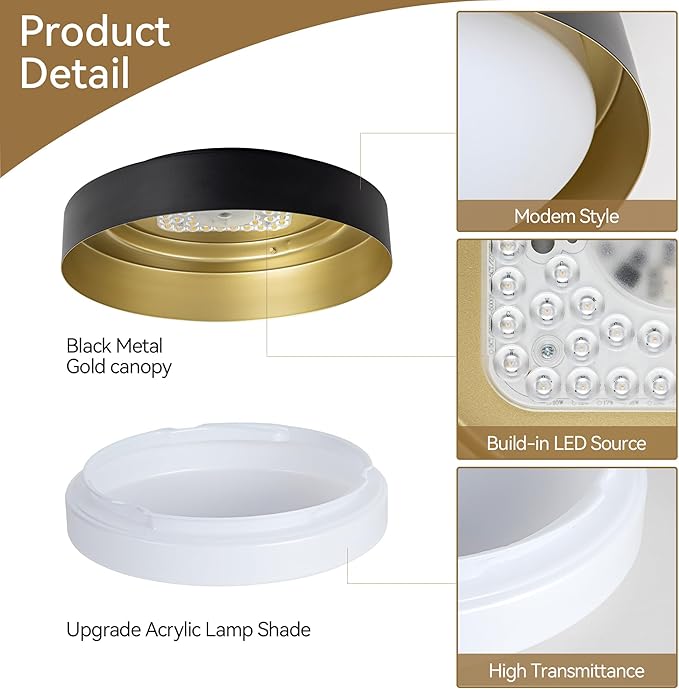 12 Inch LED Flush Mount Ceiling Light, 18W Flush Mount Light Fixture in Balck and Gold Finish, Dimmable Ceiling Light for Bedroom, Hallway, Entryway, Bathroom, Kitchen 3000K Warm White