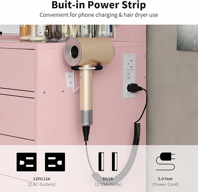 55'' Vanity Desk, Makeup Vanity with Charging Station, 13 Drawers with Lighted Mirror, 3 Lighting Modes, Brightness Adjustable, Glass Top, Vanity Table with Chair for Bedroom, Pink