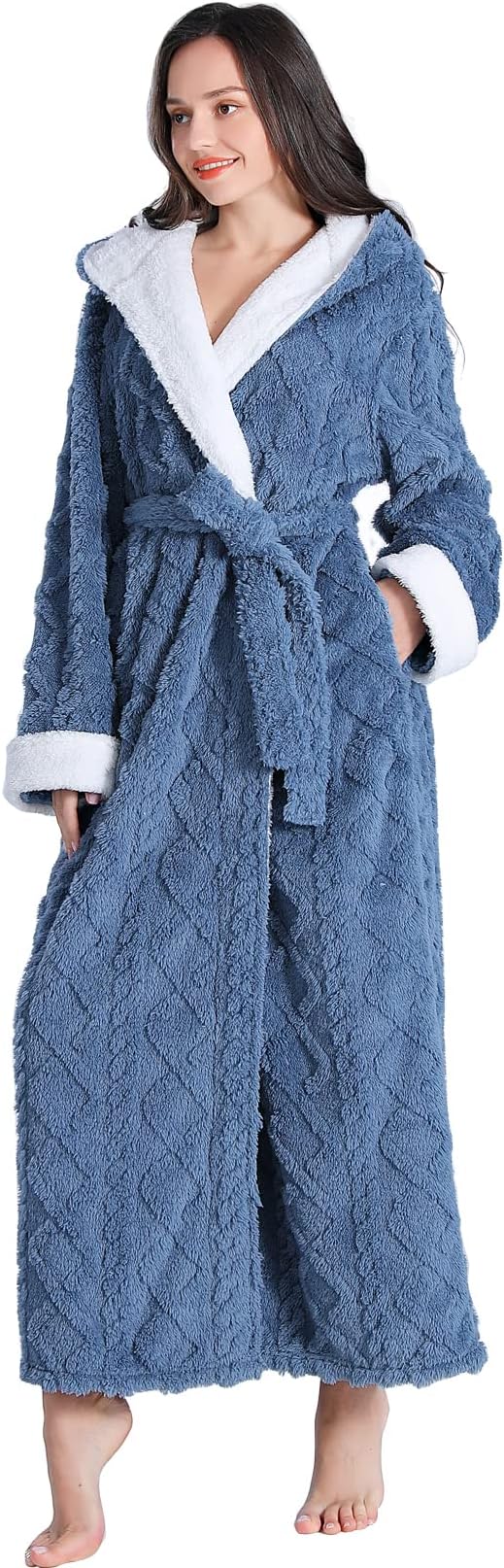 LKG women's robes long plush hooded ladies shower luxury christmas warm fuzzy robes house coat bathrobe for women full length