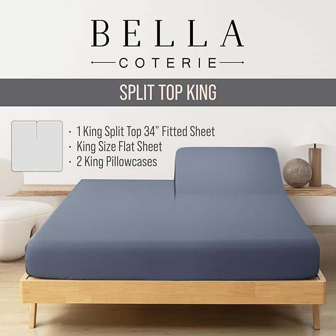 Bella Coterie Luxury Bamboo Viscose Split Top King Size Sheet Set | 100% Organically Grown | Ultra Soft | 34" Split | Cooling for Hot Sleepers | 18" Deep Pocket [Slate Blue]