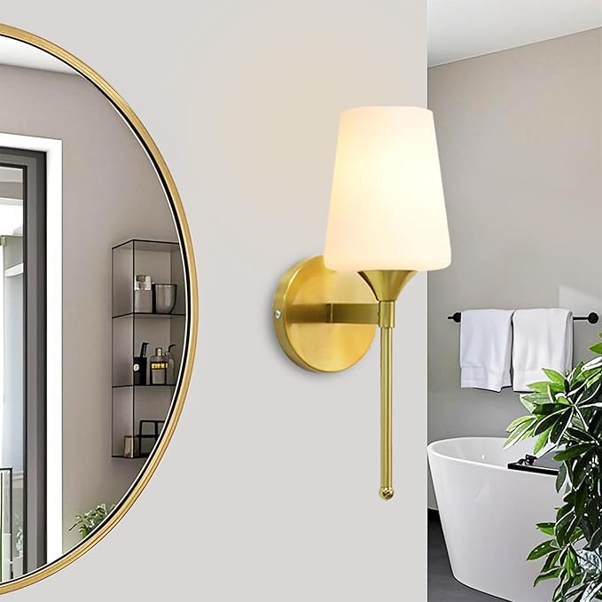 Wall Sconce Set of 2 Brushed Brass Glass Bathroom Vanity Light Fixtures Shade for Bedroom Living Room Hallway (1T 2Pack)