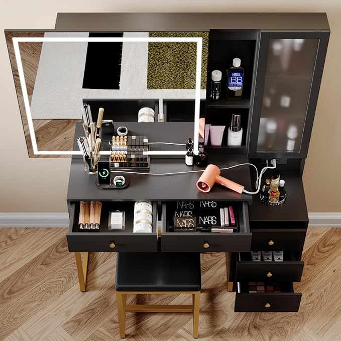 Vanity Set with Lighted Mirror and Charging Station, Extra Large Mirror Makeup Vanity Table with Cushioned Stool,5 Drawers, Modern Vanity Table with Nightstand (Black, Large)