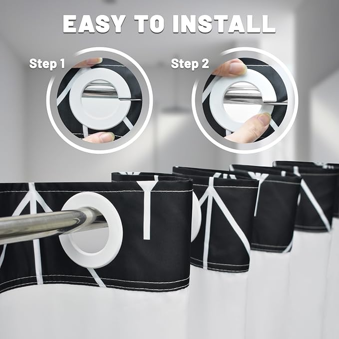 No Hook Geometric Striped Shower Curtain with Snap in Liner Set - Hotel Shower Curtain and Liner Set with See Through Mesh Top Window,Machine Washable, 71x74 INCH - Black White Herringbone