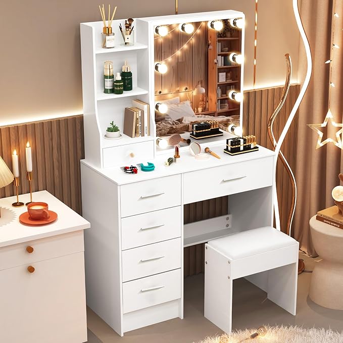 Makeup Vanity Desk with Mirror and Lights, Vanity Desk with 3 Color and Brightness Adjustable, European Style Dressing Table with 6 Drawers, Makeup Vanity with Stool for Bedroom
