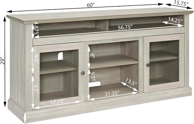 HMFULE 60" Farmhouse TV Stand for 60 65 Inch Television, Entertainment Center with 2 Storage Cabinets Glass Doors & Adjustable Shelves, Rustic Media Console Furniture for Living Room (Stone Gray)