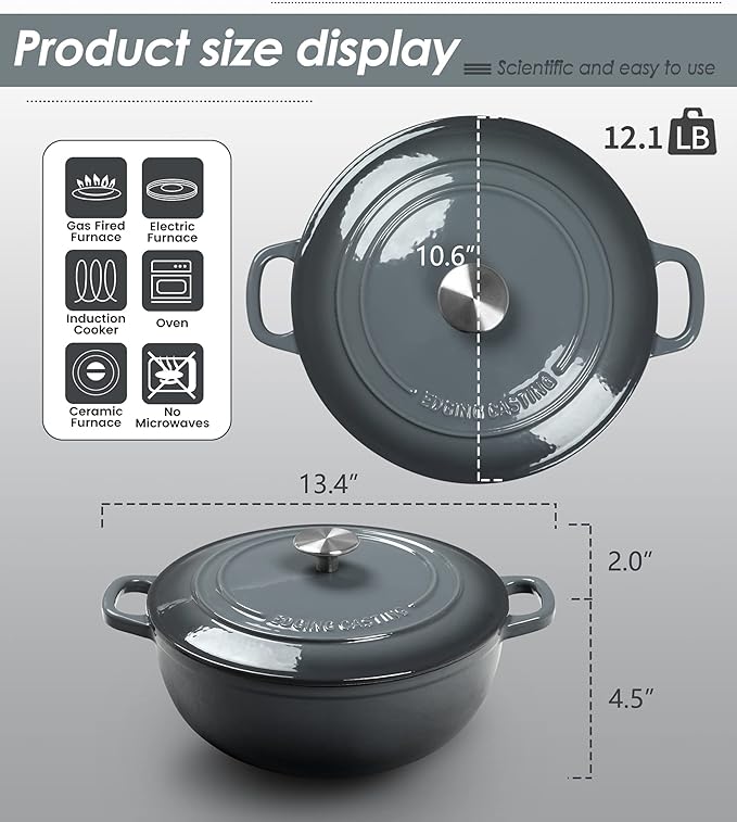 Enameled Cast Iron Dutch Oven Pot with Lid for Sourdough Bread Baking, Bread Dutch Ovens, Cooking Pots, 5 Quart, Gray