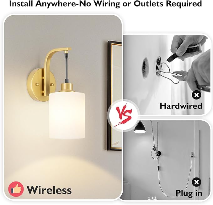 Gold Wireless Rechargeable Wall Sconce Set of Two, 15Colors Battery Operated Wall Lights, 2 Milky Glass Wall Lamps with Remote and Dimmable Bulbs, Indoor Sconces Wall Decor for Bedroom Living Room