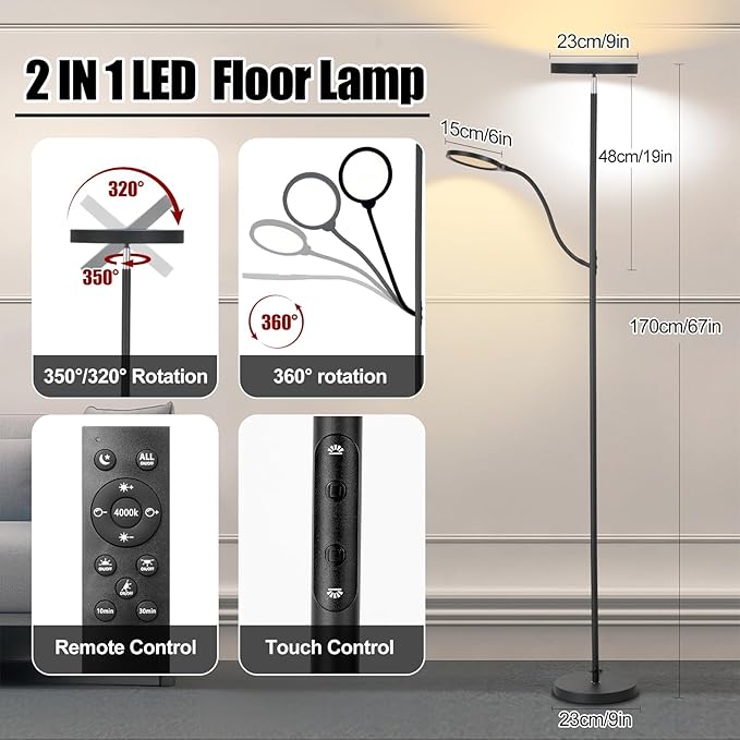 LED Floor Lamp, 36W/3000LM Super Bright Modern Tall Standing Lamp, 3 Color Temperatures Torchiere Sky Lamp with Dimmable Reading Light, Remote & Touch Control for Living Room, Bedroom, Office