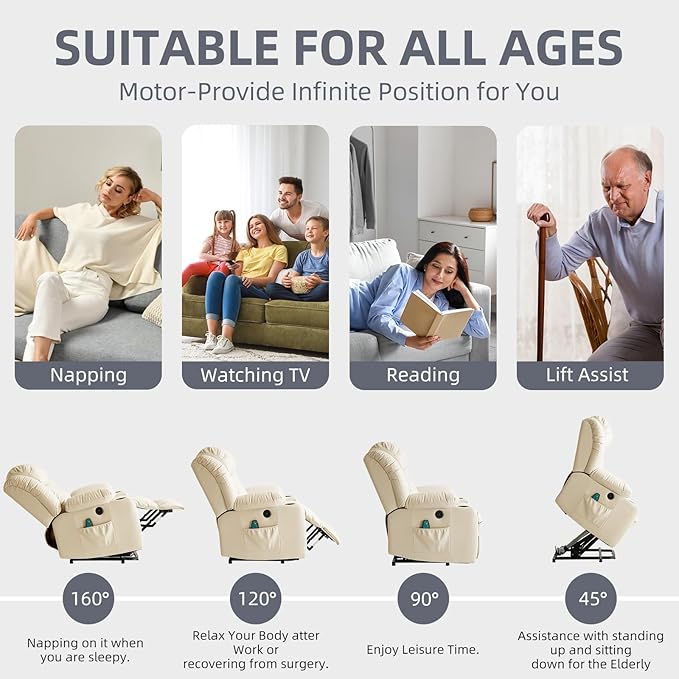Power Lift Recliner Chair for Elderly, Electric Recliner Chairs for Adults with Massage and Heat, Cup Holders, Remote Control, USB Ports, Side Pockets, Leather (Beige)