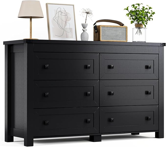 Black Dresser for Bedroom with 6 Drawers, Modern Chest of Drawers, Wood Dressers Bedroom Furniture Wide Storage Organizer, 6 Drawer Dresser for Closet, Living Room, Hallway