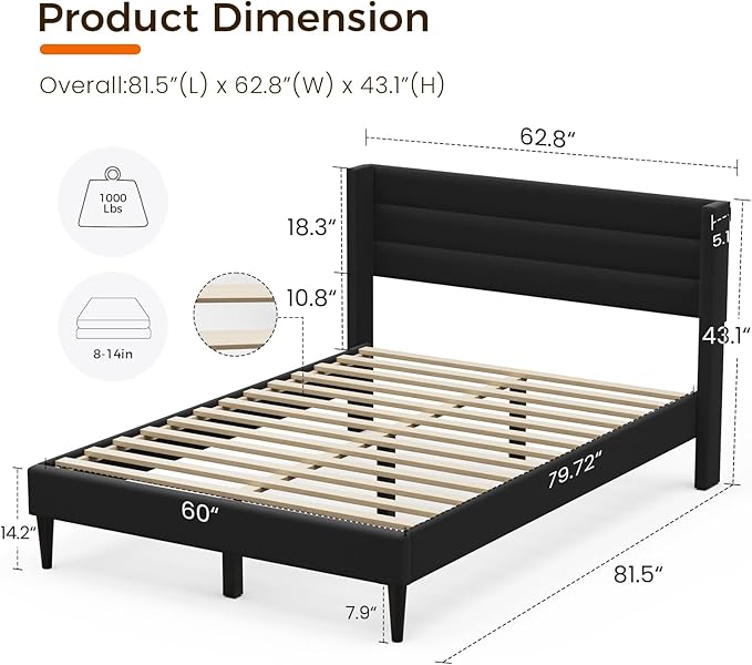 Casaottima Queen Bed Frame Upholstered Platform Bed with Wingback Headboard, Wooden Slats Support, Noise-Free Mattress Foundation, No Box Spring Needed, Easy Assembly, Horizontal Stripe Deep Black
