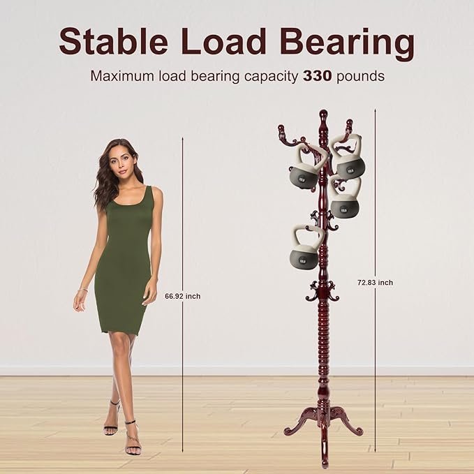 Solid Wood Coat Rack – 73" Freestanding Coat Racks Stand with 14 Hooks & Stable Base, Adjustable Height Modern Wooden Hall Tree for Entryway, Bedroom, Office, Home (Mahogany Triangle)