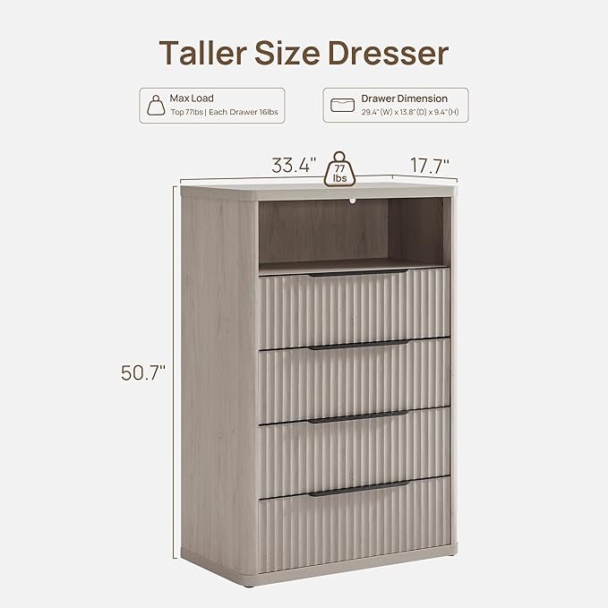 SICOTAS Dresser for Bedroom - Tall Dressers & Chests of Drawers with 4 Drawers Large Modern Dresser for Closet Fluted Wide TV Stand Clothes Closet Storage for Bedroom Hallway Entryway, White Alder