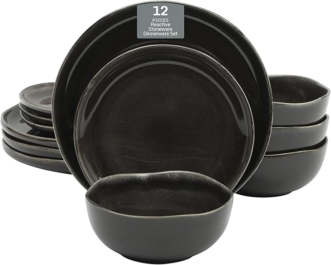 Gibson Elite Nardini 12 Piece (Service for 4) Plates and Bowls Reactive Glaze Dishes Stoneware Ceramic Dinnerware Set - Black