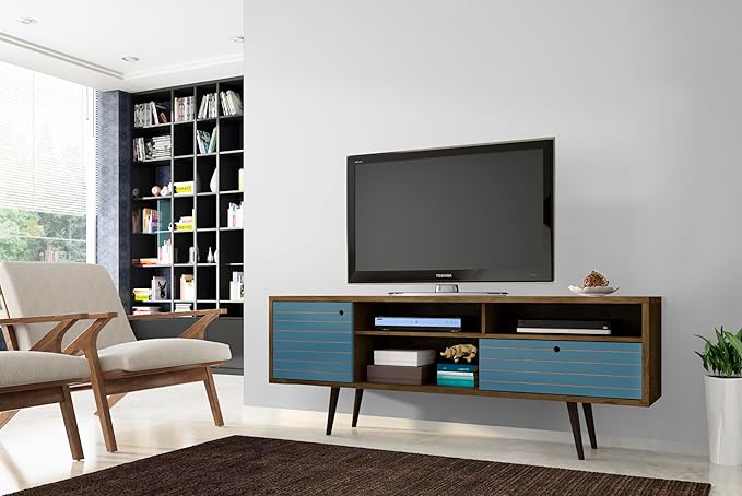 Manhattan Comfort Liberty Mid Century Modern TV Stand for Televisions up to 65 Inches, Bedroom and Living Room Entertainment Center with Storage, Shelves, and Cabinet, 71" Wide, Rustic Brown/Aqua