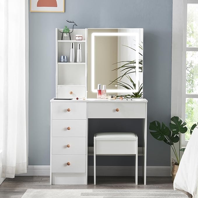 Vanity Desk with Mirror and Lights, Makeup Vanity 3 Color Modes & Adjustable Brightness, 6 Drawers Vanity Desk with Upholstered Stool with Chair