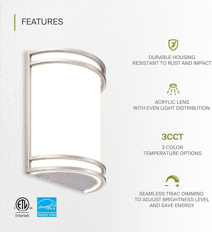 ASD LED Indoor Wall Mount Light Fixture - 10 Inch Modern Interior Brushed Nickel Wall Sconce Lighting - 3000K 4000K 5000K Adjustable - Half Cylinder Hallway Light Fixture - ETL & Energy Star