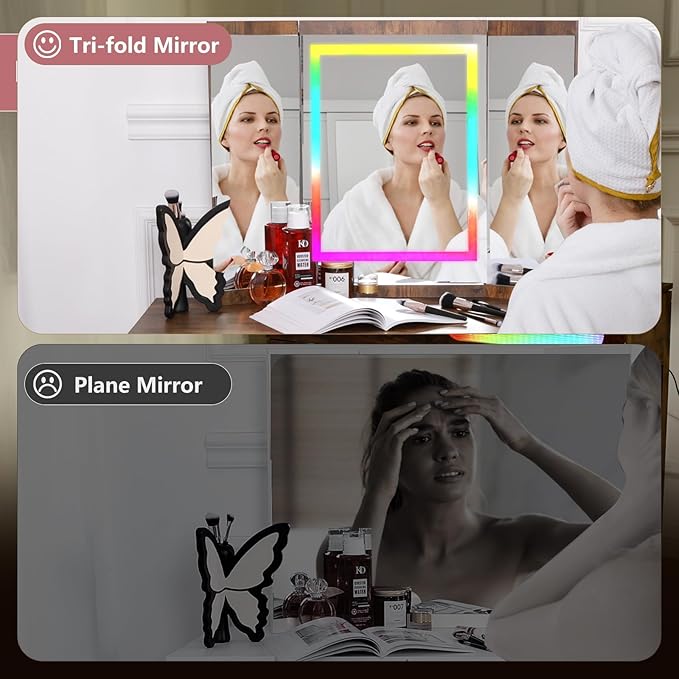 Vanity Desk with Tri-Fold Mirror and Lights, LED Makeup Vanity with 2 Drawers, 2 Doors Storage, Gifts for Girls/Women (Rustic)