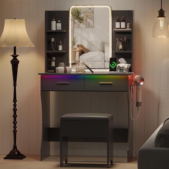 Small Vanity Desk with Mirror and Lights, Makeup Vanity with LED Lights, Black Vanity Mirror with Lighted Desk and Chair, 3 Lighting Adjustable Compact Dressing Table with Mirror for Women, Girls