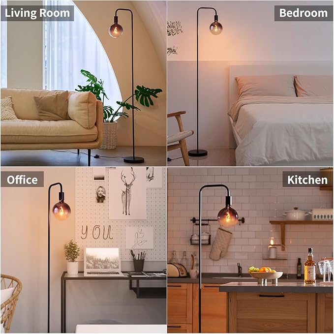 ONEWISH Floor Lamp for Living Room - Minimalist Industrial Standing Lamp with Modern LED Bulb, Globe Black Clear Glass 6", 1800K Warm Ambiant Lighting Decorative Tall Floor Lamp for Bedroom Office