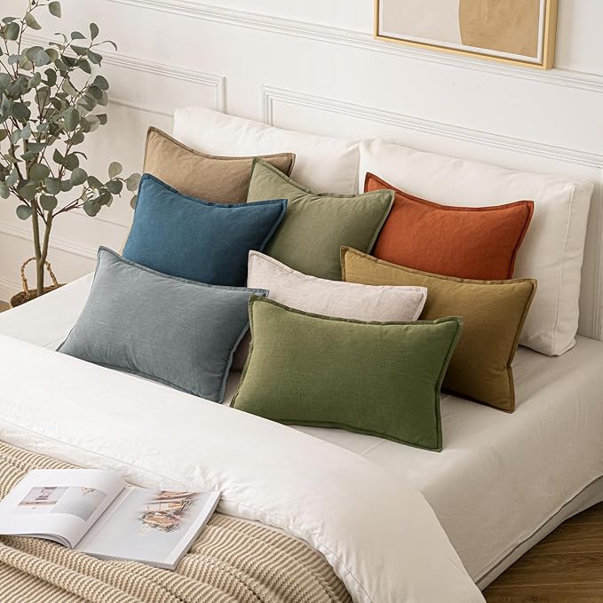 MIULEE Decorative Linen Pillow Covers 12x20 Inch Green Boho Farmhouse Neutral Couch Throw Pillows for Bed Pack of 2 Accent Outdoor Pillowcase Modern Sofa Cushion Livingroom Home Decor