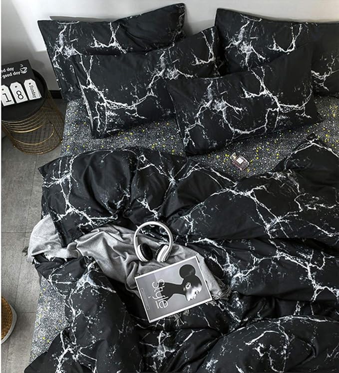 CLOTHKNOW Black Grey White California King Comforter Set Marble Bedding Comforter Sets Black Comforter Abstract Black Comforter with 2 x Pillow Cases