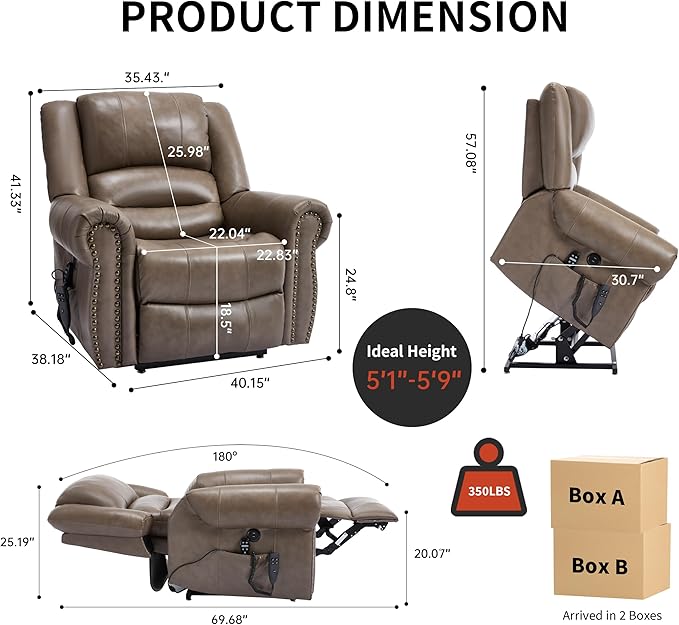 Dual Motor Power Lift Chair, Lay Flat Recliner Chair, Electric Recliner with Massage and Heat for Elderly, Remote Control, Infinite Position, Standing Assistance, USB Ports (Khaki, Genuine Leather)