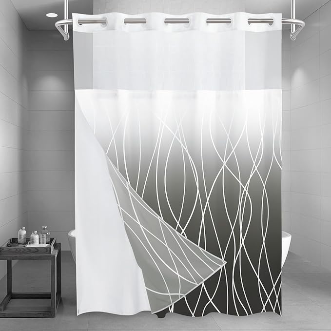 No Hook Ombre Dark Grey Striped Long Shower Curtain with Snap in Fabric Liner Set - Hotel Shower Curtain and Liner Set with See Through Mesh Top Window,Machine Washable, 71x86 INCH