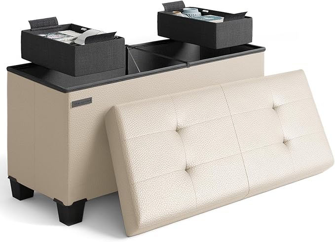 STORAGEBUD Storage Ottoman Bench with Bins, 30-in Storage Bench for Bedroom End of Bed, Folding Foot Rest Ottoman for Living Room Max 660lbs, Faux Leather Ottomans, Beige