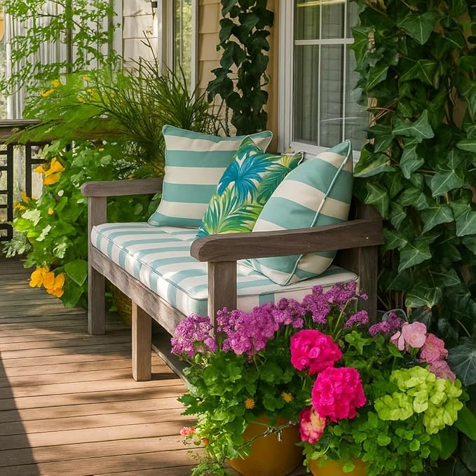 Outdoor Throw Pillow Covers 18x18 Inch, Set of 2, Cover Only! Waterproof Fade Resistant Decorative Cushion Sham Pillow Cases for Patio Furniture Chair Couch Sofa - Teal Ivory Striped