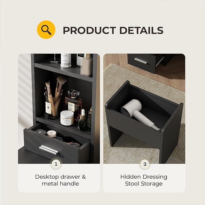 Vanity Desk with Mirror and Lights, 3 Lighting Colors and Power Outlet Makeup Vanity Desk with 5 Large Drawers and 3 Storage Shelves, Black Vanity with Storage Stool for Bedroom