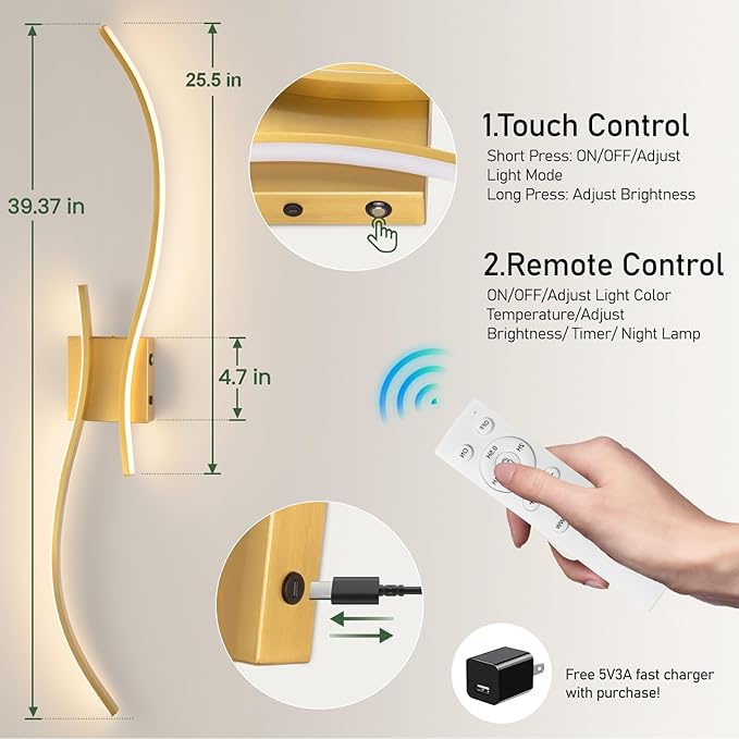 CANEOE Battery Operated Wall Sconce Set of 2, 18000mAh Gold Rechargeable Wall Lights with Remote Control,3000K-6000K Dimmable LED Wireless Wall Light for Living Room Bedroom Hallway,39.3 Inch (Gold)