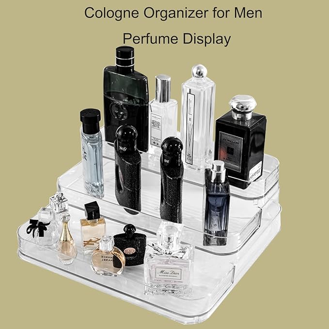 Perfume Stand Display Shelf for Women, 3 Tiered Perfume Tray Storage, Cologne Organizer for Men, Acrylic Makeup Organizer for Bathroom Kitchen Countertop