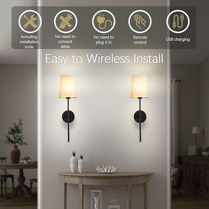 Wall Lights Battery Operated Wall Sconces Set of 2, Black Rechargeable Wall Sconce with 15 RGB Dimmable Detachable Bulbs and Remote, Wireless Battery Powered Wall Lamp for Living Room Bedroom