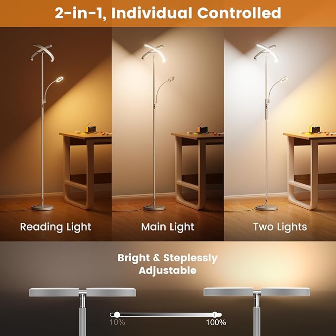 2-in-1 Dimmable Floor Lamp with Reading Light - Rotatable Standing Lamp with Remote&Touch Control, Stepless Color Brightness Adustable, Modern Lamp for Living Room Bedroom Office, Silver