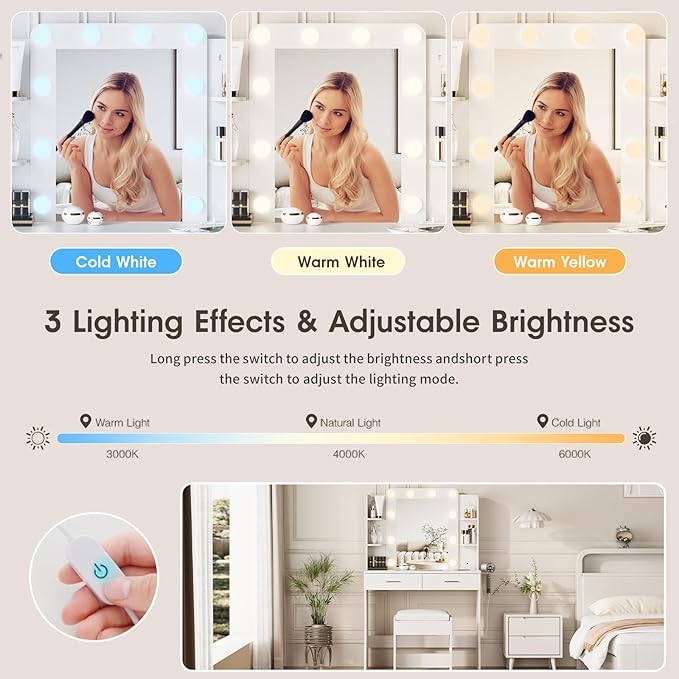 Maupvit Vanity Desk with Mirror and Lights,Makeup Vanity Table Set with Power Outlet,3 Lighting Modes & Adjustable Brightness Dressing Table with 2 Drawers for Bedroom Dressing Room,White