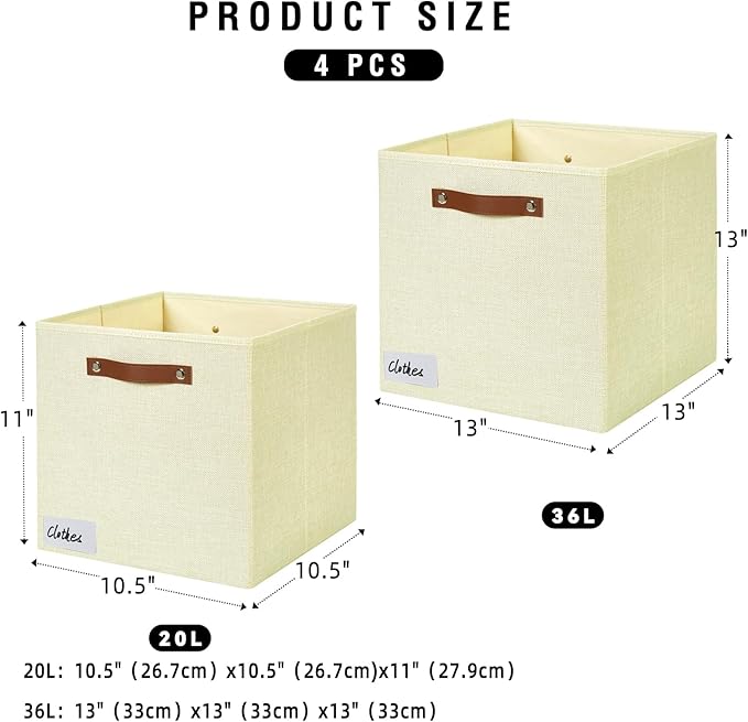 Collapsible Fabric Storage Cube Bins with 2 Reinforced PU Handles, Foldable Storage Organizer Baskets for Closet, Shelves, Living Room | 13"x13"x13", 4 Pack, Full Beige