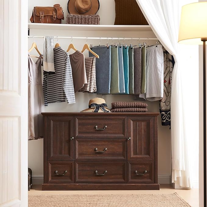 Farmhouse 5 Drawers Dresser for Bedroom, Wood Rustic Storage Organizer Closet Chest, Chest of Drawers w/Groove Barn Door&Shelf for Closet, Hallway, Living Room, Dining Room-Brown