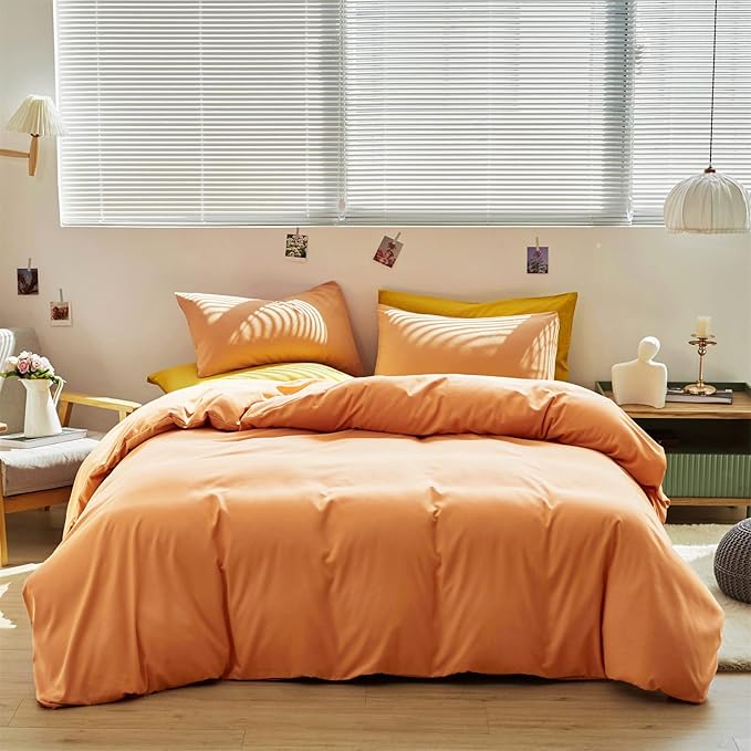 Luxlovery Peach Comforter Set King Women Light Orange Bedding Comforter Set Modern Solid Plain Color Soft Breathable Blanket Quilts Orange Pink 3 Piece Orange Coral Bedding Set