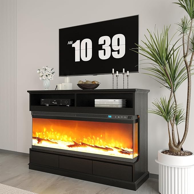4 EVER WINNER Fireplace TV Stand with 50" Electric Fireplace, Fireplace Entertainment Center with 3-Side Glass Insert, 3 Drawers, TV Consoles for Living Room, Black