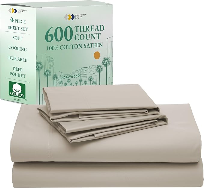 California Design Den Hotel Quality Full Size Bed Sheets Set - Luxury 600 Thread Count Sateen, Natural 100% Cotton Sheets, Fully Elasticized Deep Pockets, Crisp, Cool and Durable Bed Set - Soft Linen