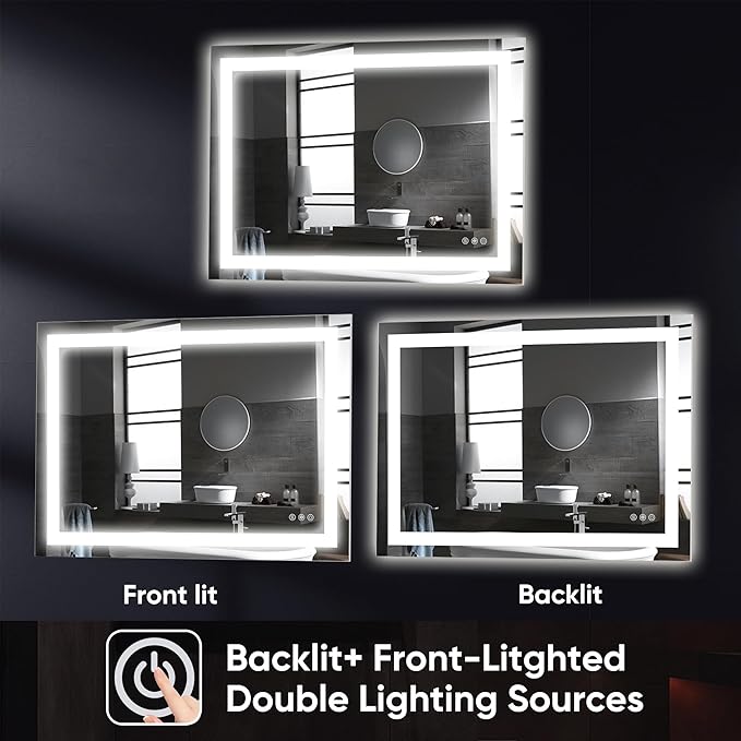 Antok 36"x 28" LED Bathroom Mirror with Lights, Anti-Fog, Dimmable, Lighted Vanity Mirror with Tempered Glass, Memory Function, 3 Light Modes, Safe Use, Horizontal, Vertical